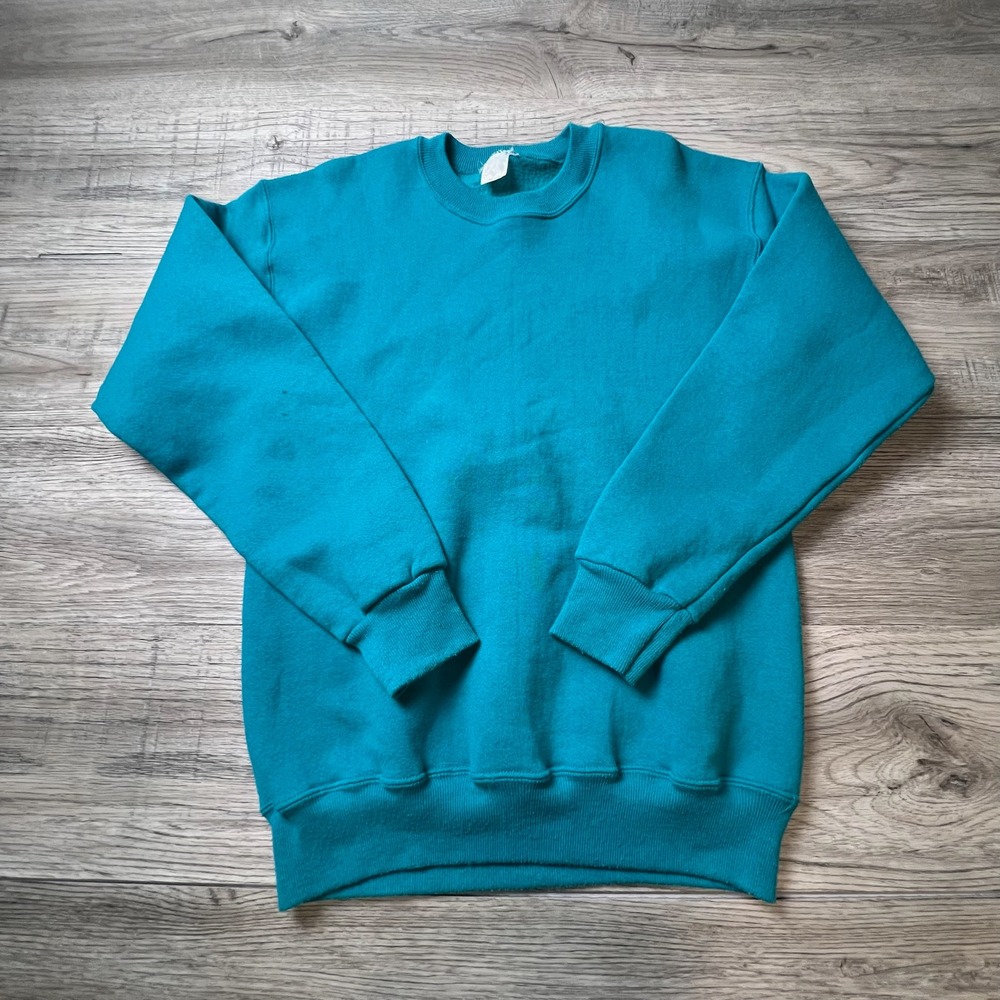 Vintage Sweatshirt Unisex Medium Teal Crewneck Blank Fleece Pullover AI19